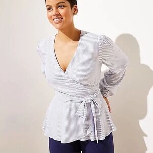 LOFT Blueish Gray & White Striped Long Balloon Sleeve Wrap Shirt Waist Tie NWT L